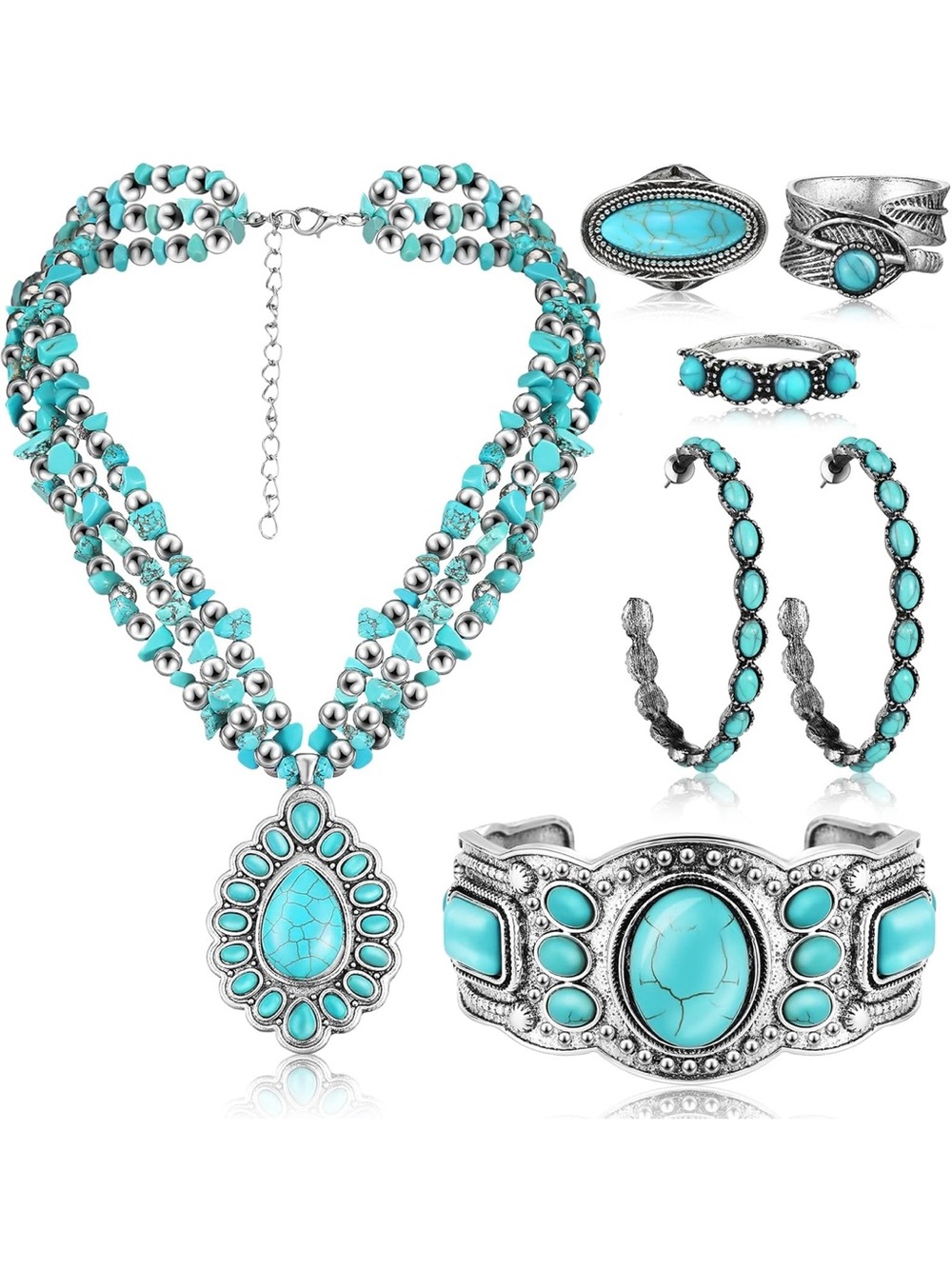 Anthropologie Turquoise and Silver Boho Stone Jewelry Set